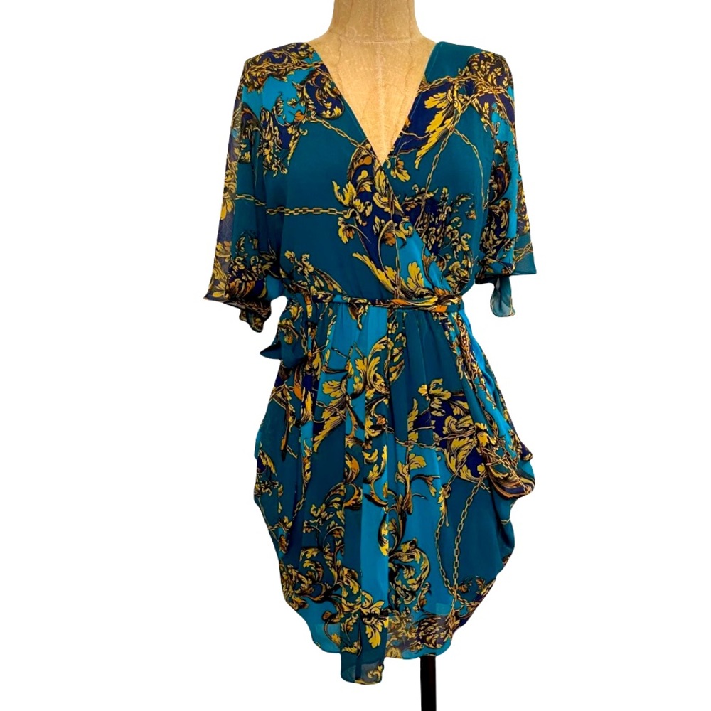 Bebe Teal Patterned Half Sleeve Mini Dress Small